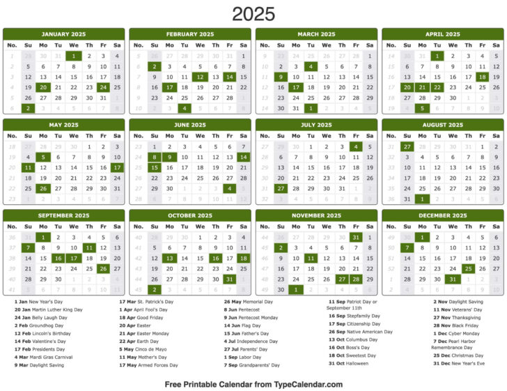 2025 Calendar with Holidays Printable