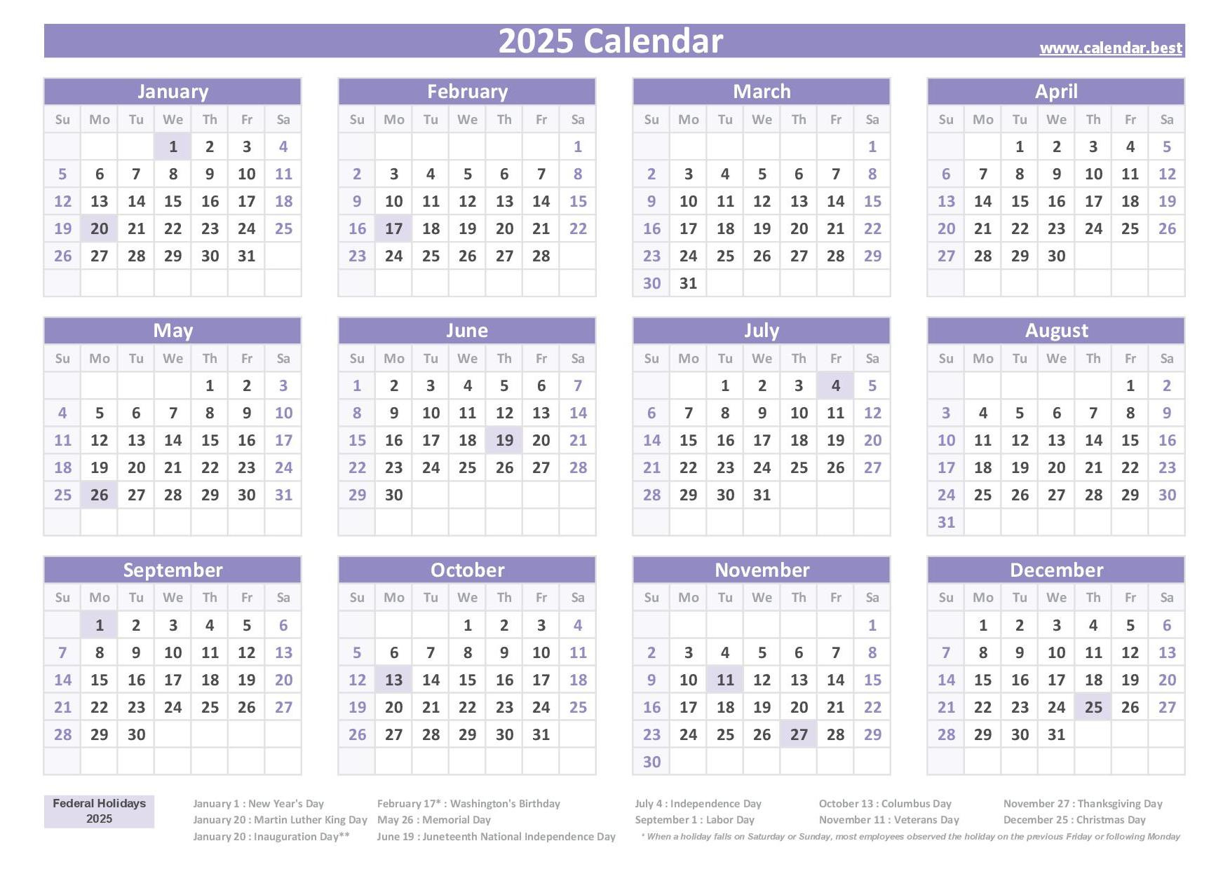 2025 Calendar With Holidays (Us Federal Holidays) for 2025 Printable Calendar With Holidays