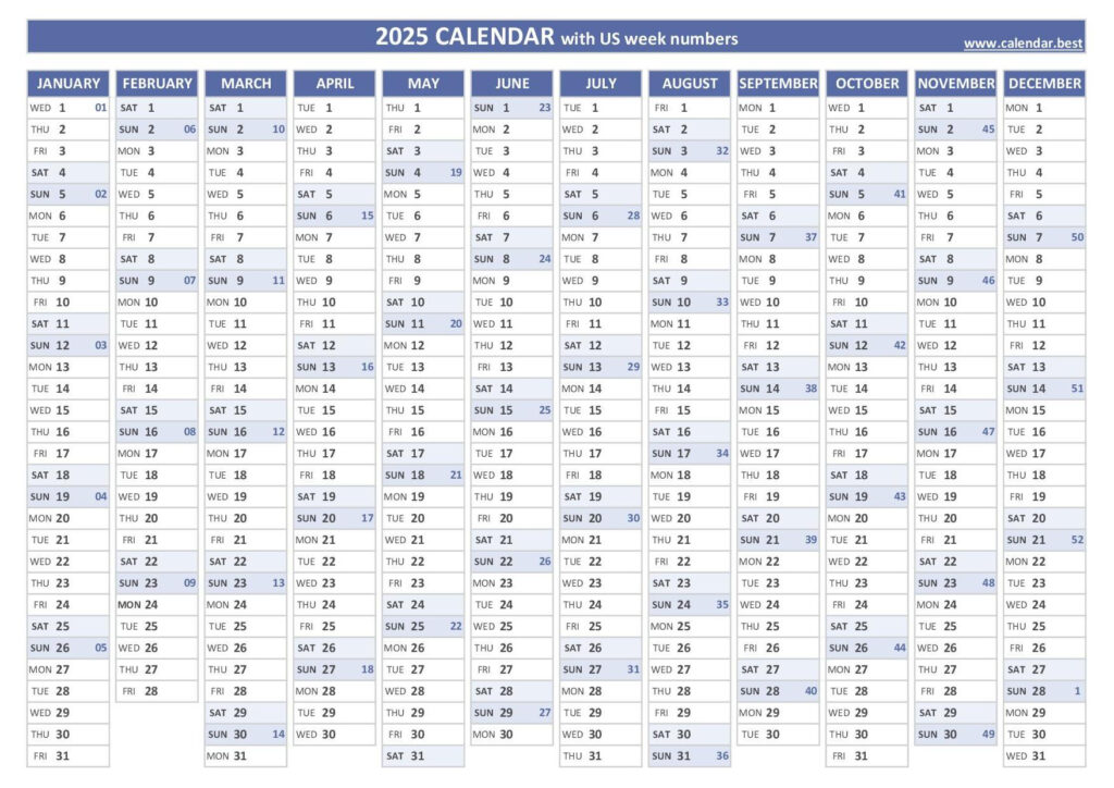 2025 Calendar With Week Numbers (Us And Iso Week Numbers) Intended For 2025 Calendar With Week Numbers Printable