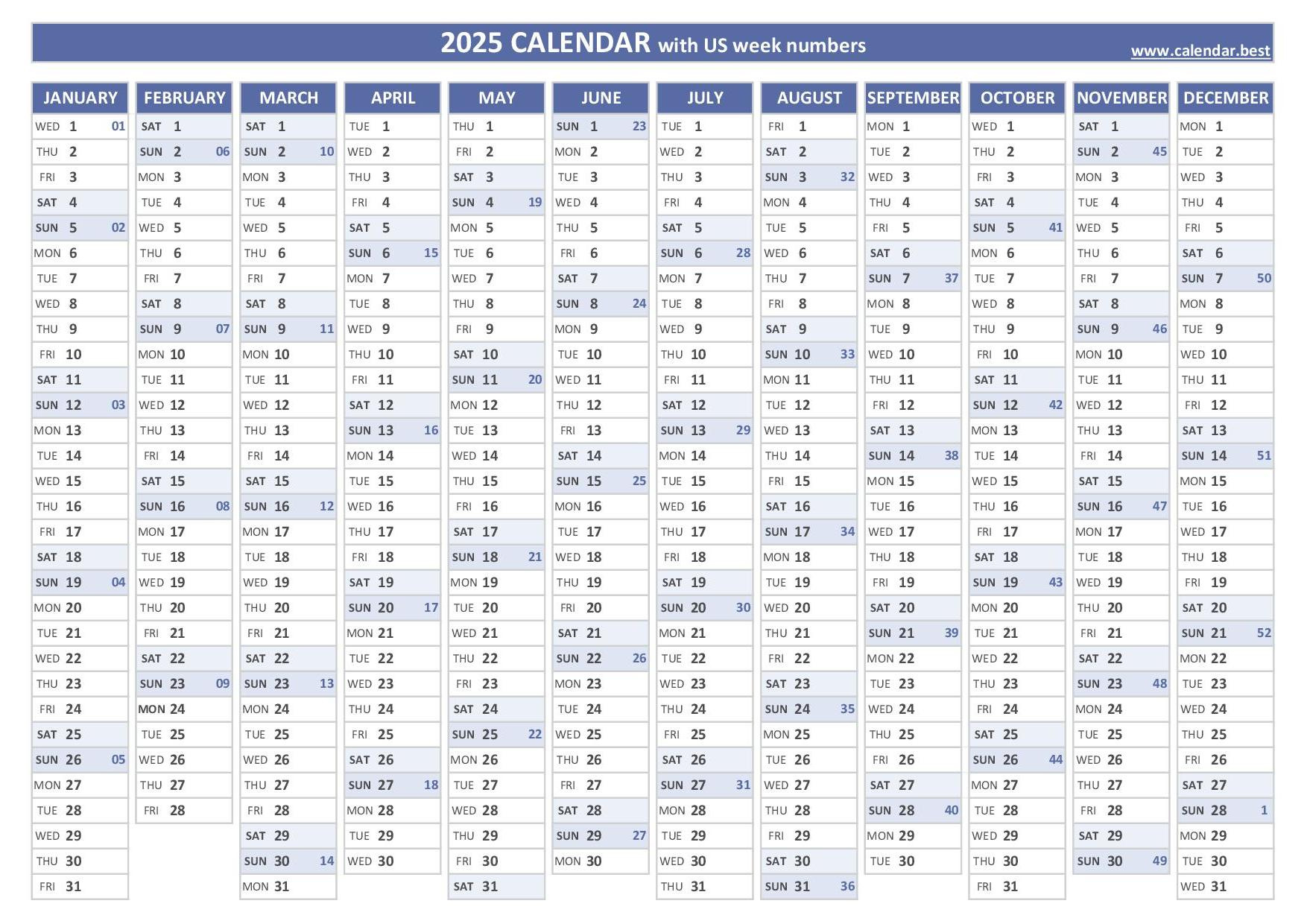 2025 Calendar With Week Numbers (Us And Iso Week Numbers) intended for 2025 Calendar with Week Numbers Printable