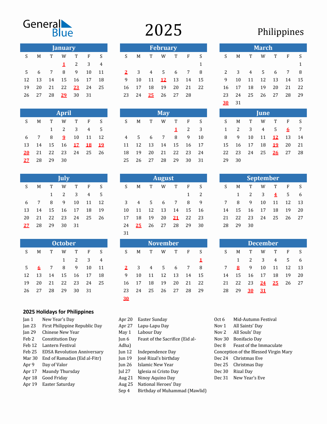 2025 Philippines Calendar With Holidays for Free Printable 2025 Calendar with Holidays