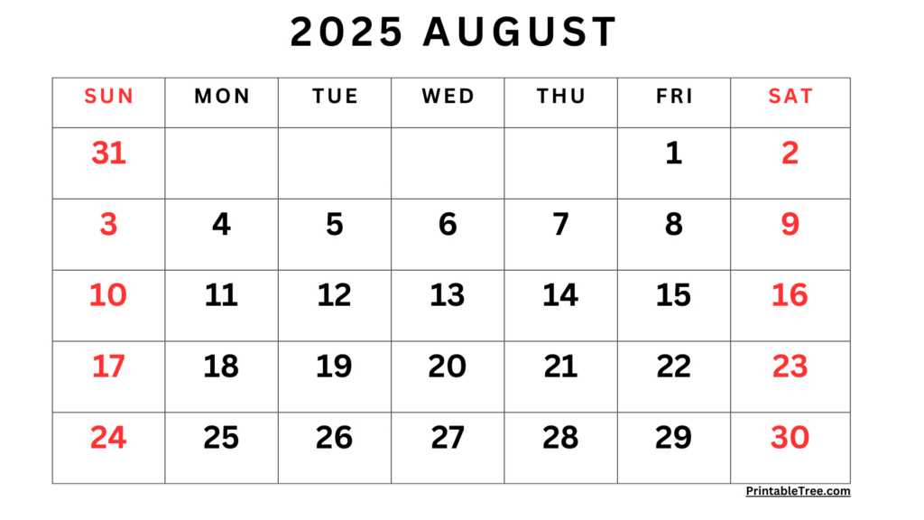 August 2025 Calendar Printable Pdf Template With Holidays Inside August 2025 Calendar Free Printable