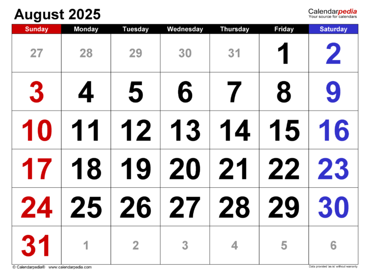 August Printable Calendar 2025