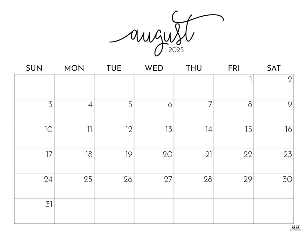 August 2025 Calendars - 107 Free Printables | Printabulls in Large Print August 2025 Calendar Printable