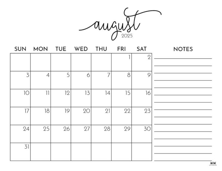 August 2025 Calendar Printable