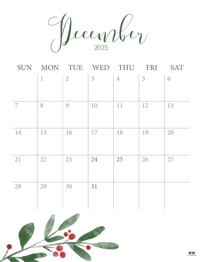 December 2025 Calendars - 107 Free Printables | Printabulls in December 2025 Calendar with Holidays First Printable