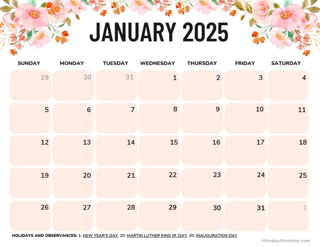 January 2025 Calendar (52 Free Pdf Printables) In Free Printable Monthly Calendar 2025