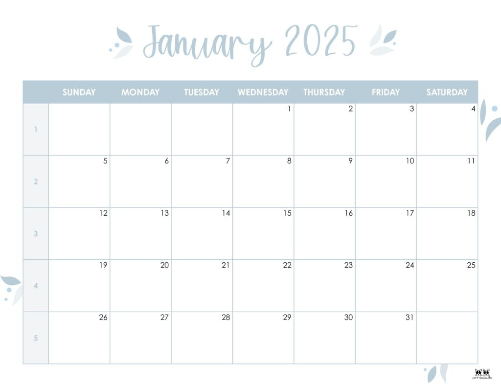 January 2025 Calendars - 107 Free Printables | Printabulls in January 2025 Calendar Printable