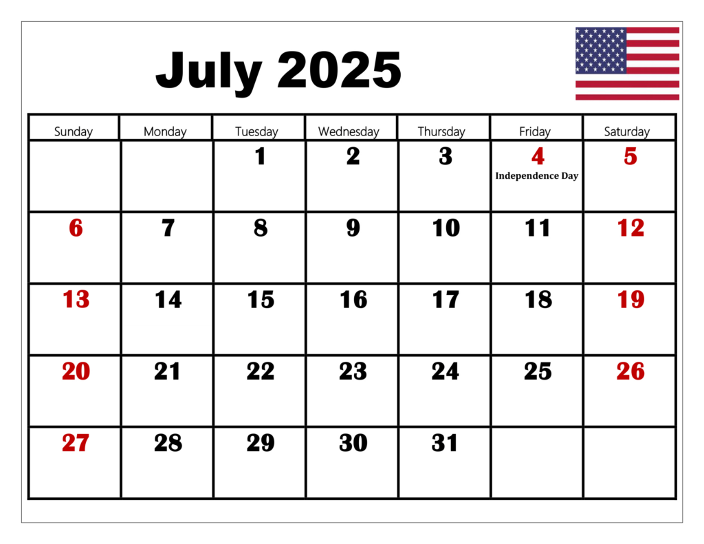 July 2025 Calendar Printable Pdf Template With Holidays With July 2025 Calendar Printable