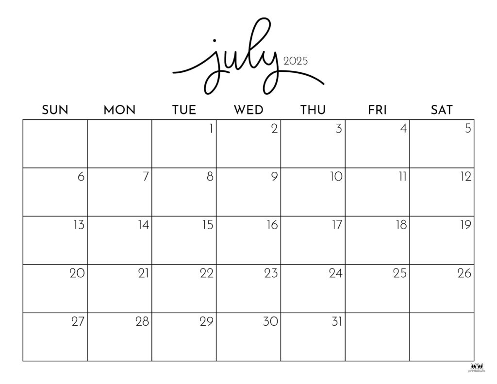 July 2025 Calendars - 107 Free Printables | Printabulls in July 2025 Printable Calendar