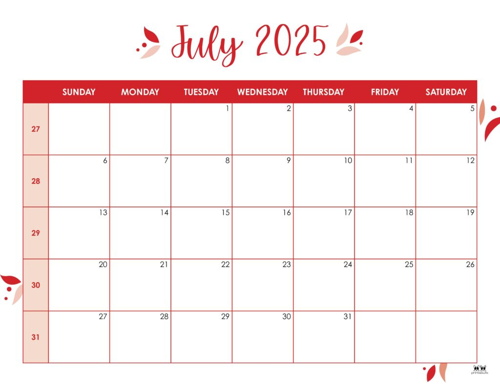 July 2025 Calendars - 107 Free Printables | Printabulls intended for July Printable Calendar 2025