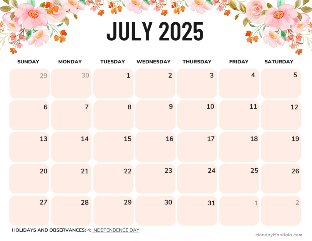 July 2025 Printable Calendar (52 Free Pdf Printables) For July 2025 Calendar Printable