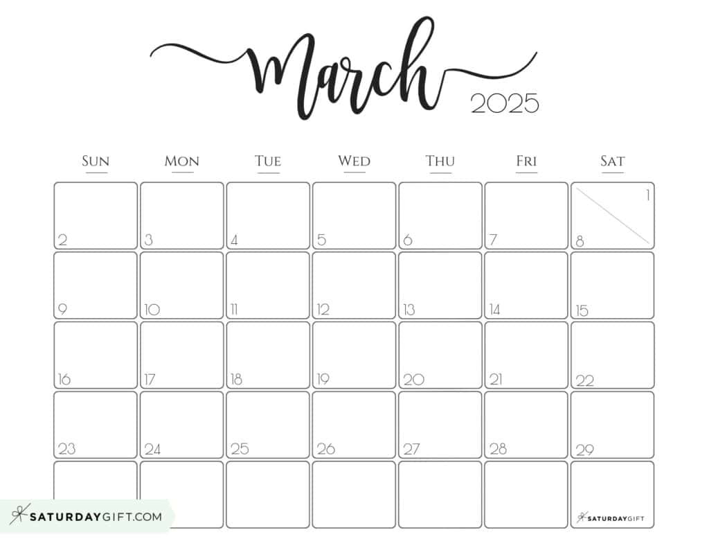 March 2025 Calendar - 20 Cute &amp;amp; Free Printables | Saturdaygift throughout Free Printable Monthly Calendar 2025