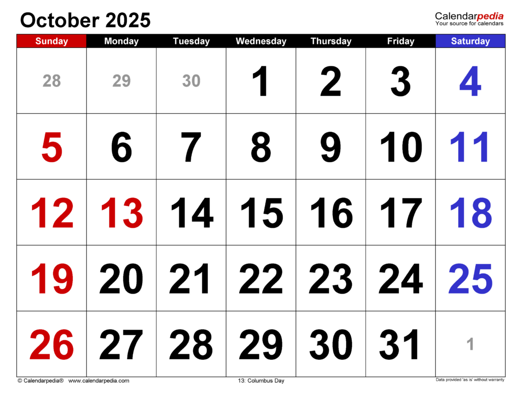 October 2025 Calendar | Templates For Word, Excel And Pdf Intended For Printable Calendar 2025 Octobert