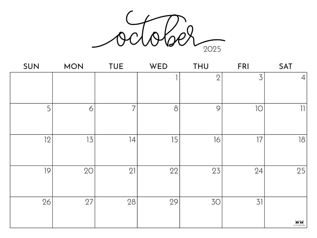 October 2025 Calendars - 107 Free Printables | Printabulls within October 2025 Calendar Printable