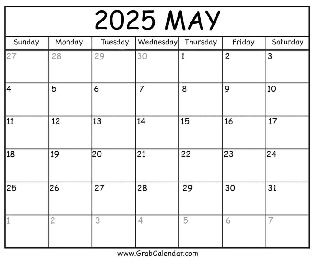 Printable May 2025 Calendar Throughout May 2025 Printable Calendar