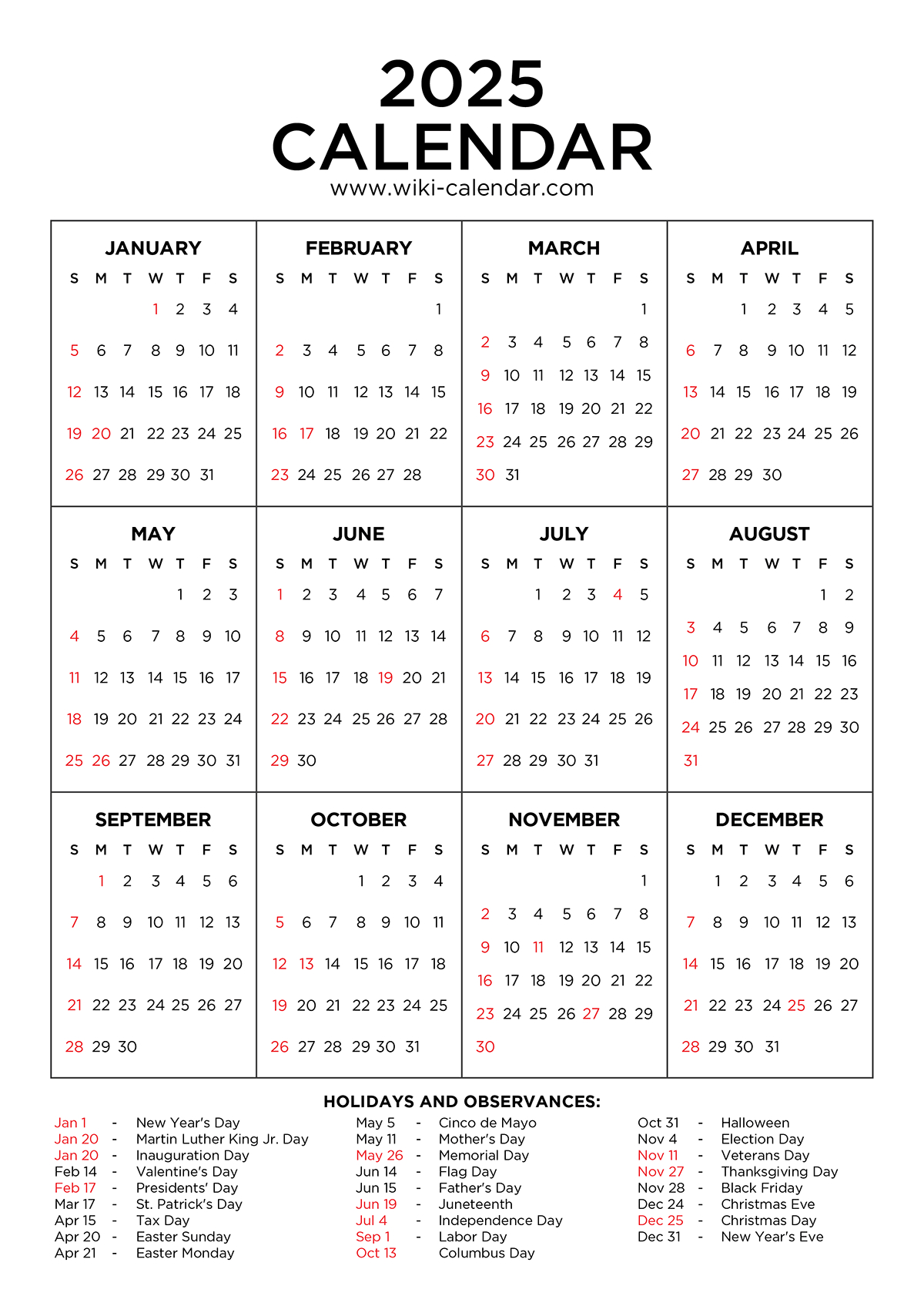 Year 2025 Calendar Printable With Holidays - Wiki Calendar in 2025 Printable Calendar With Holidays