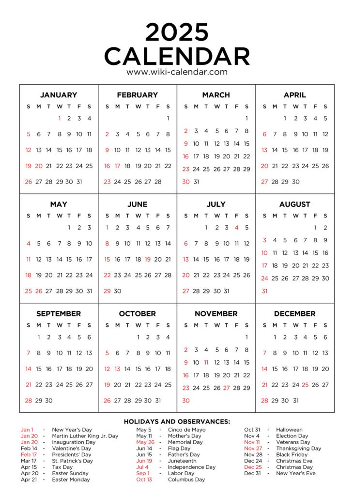 Year 2025 Calendar Printable With Holidays   Wiki Calendar Inside 2025 Calendar With Holidays Printable