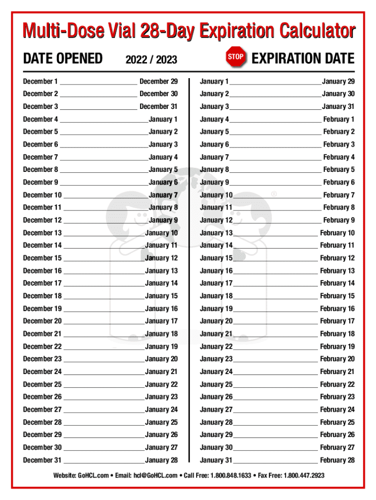 2022-2024 Form Multi-Dose Vial 28-Day Expiration Calculator Fill within Printable Multi Dose Vial 28 Day Expiration Calendar 2024 - 2025 | CalendarCrazePrint.Com