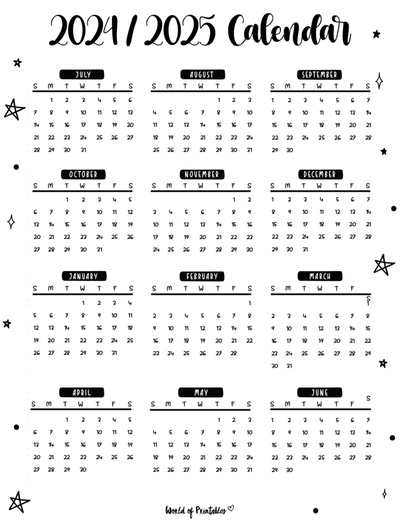 2024 2025 Calendar Free Printables   World Of Printables Intended For 4 Year Calendar 2024 To 2025 Printable | CalendarCrazePrint.Com