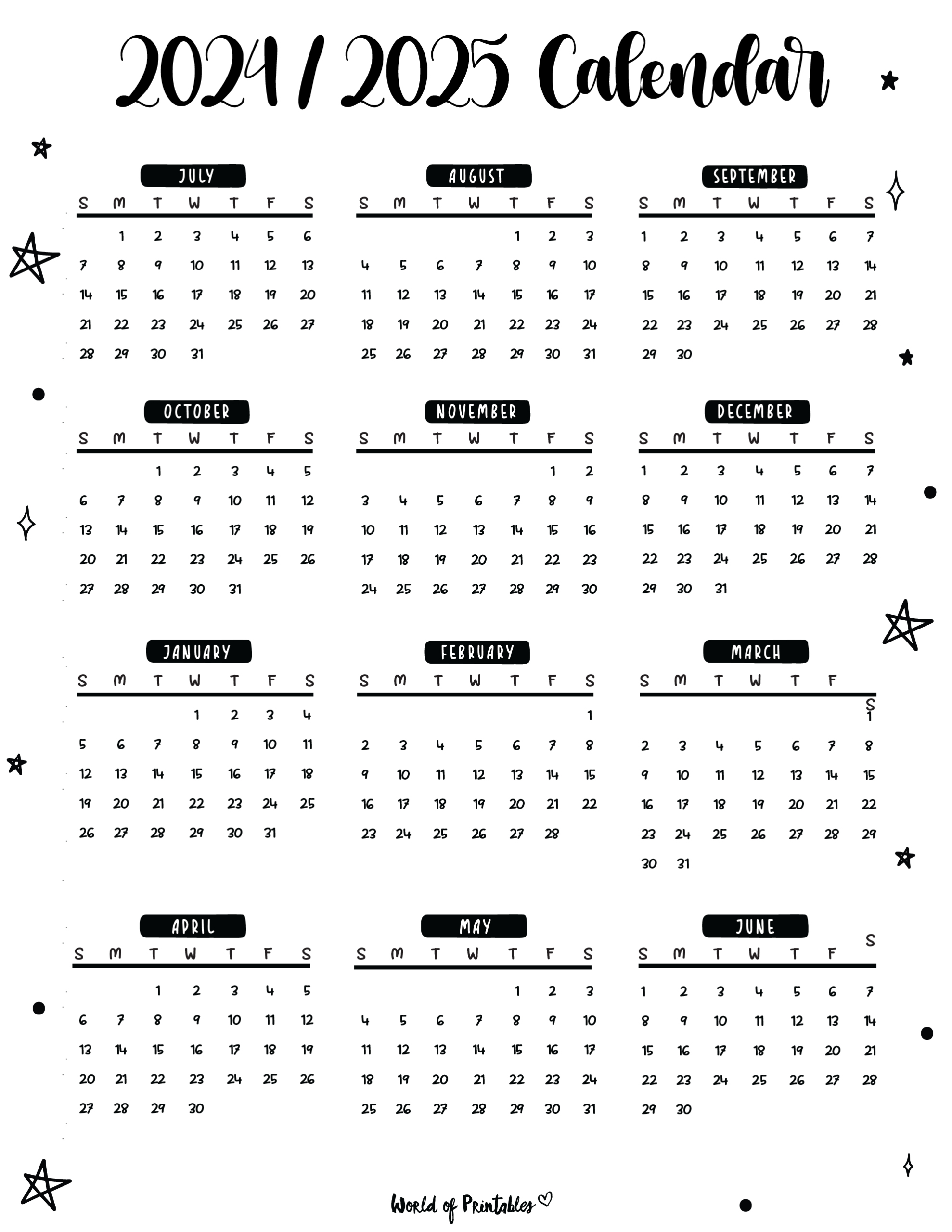 2024 2025 Calendar Free Printables - World Of Printables intended for 4 Year Calendar 2024 To 2025 Printable | CalendarCrazePrint.Com