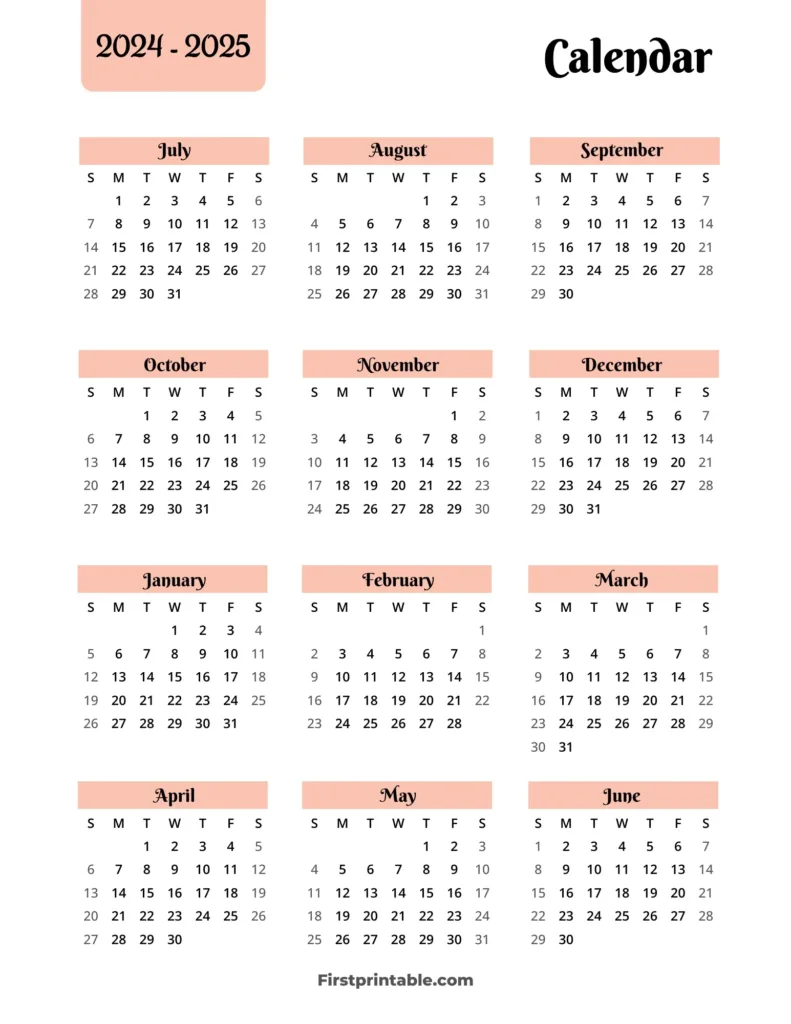 2024 2025 Calendar Printables | Free Pdf With 4 Year Calendar 2024 To 2025 Printable | CalendarCrazePrint.Com