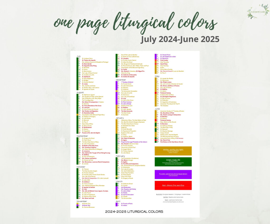 2024 2025 Catholic Liturgical Calendar Year At A Glance For Liturgical Color Calendar 2025 Printable | CalendarCrazePrint.Com