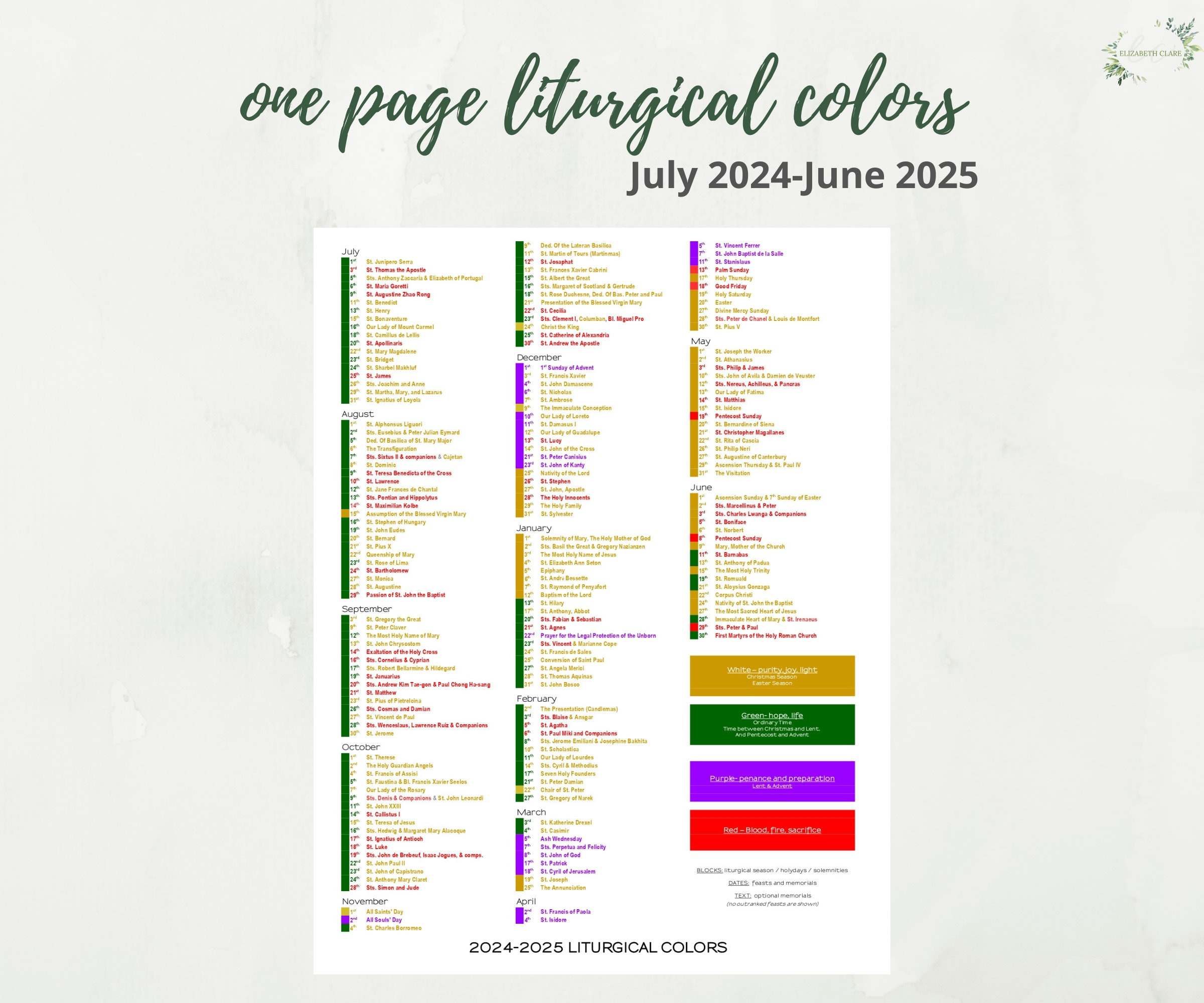 2024-2025 Catholic Liturgical Calendar Year At A Glance for Liturgical Color Calendar 2025 Printable | CalendarCrazePrint.Com