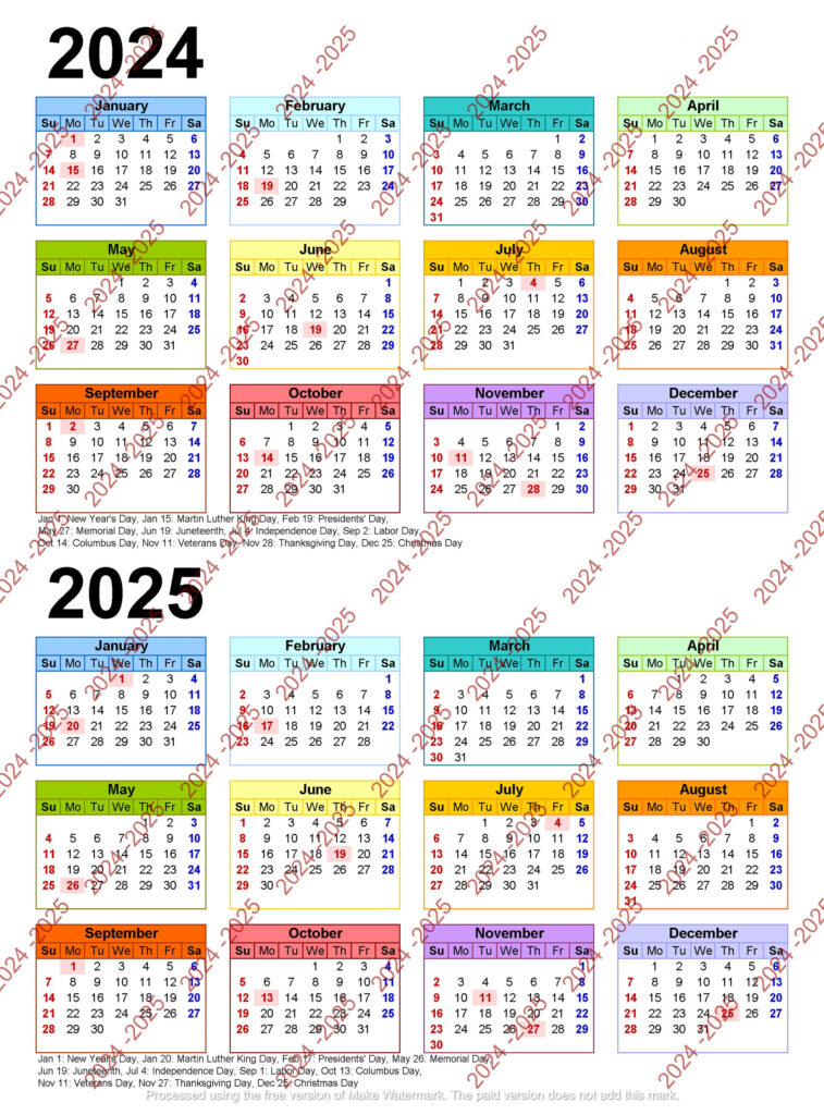 2024 2025 Colorful Calendar Printable, Yearly Calendar, 12 Months For Calendar Printable 2024   2025 | CalendarCrazePrint.Com