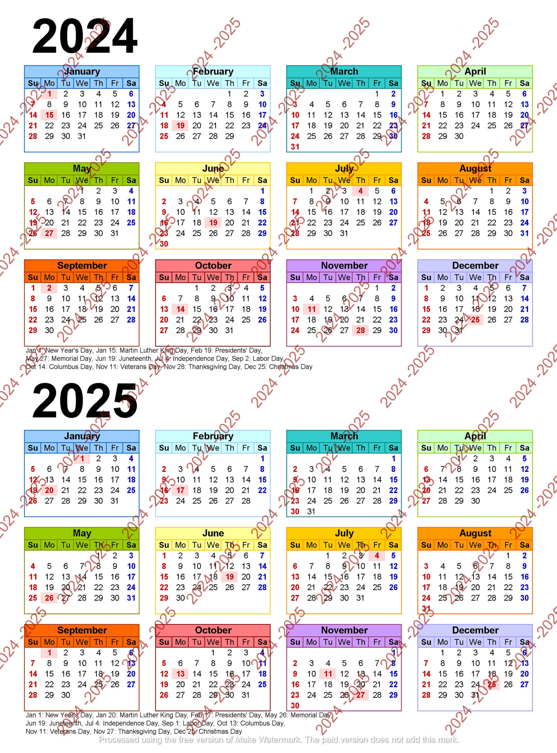 2024-2025 Colorful Calendar Printable, Yearly Calendar, 12-Months for Calendar Printable 2024 - 2025 | CalendarCrazePrint.Com