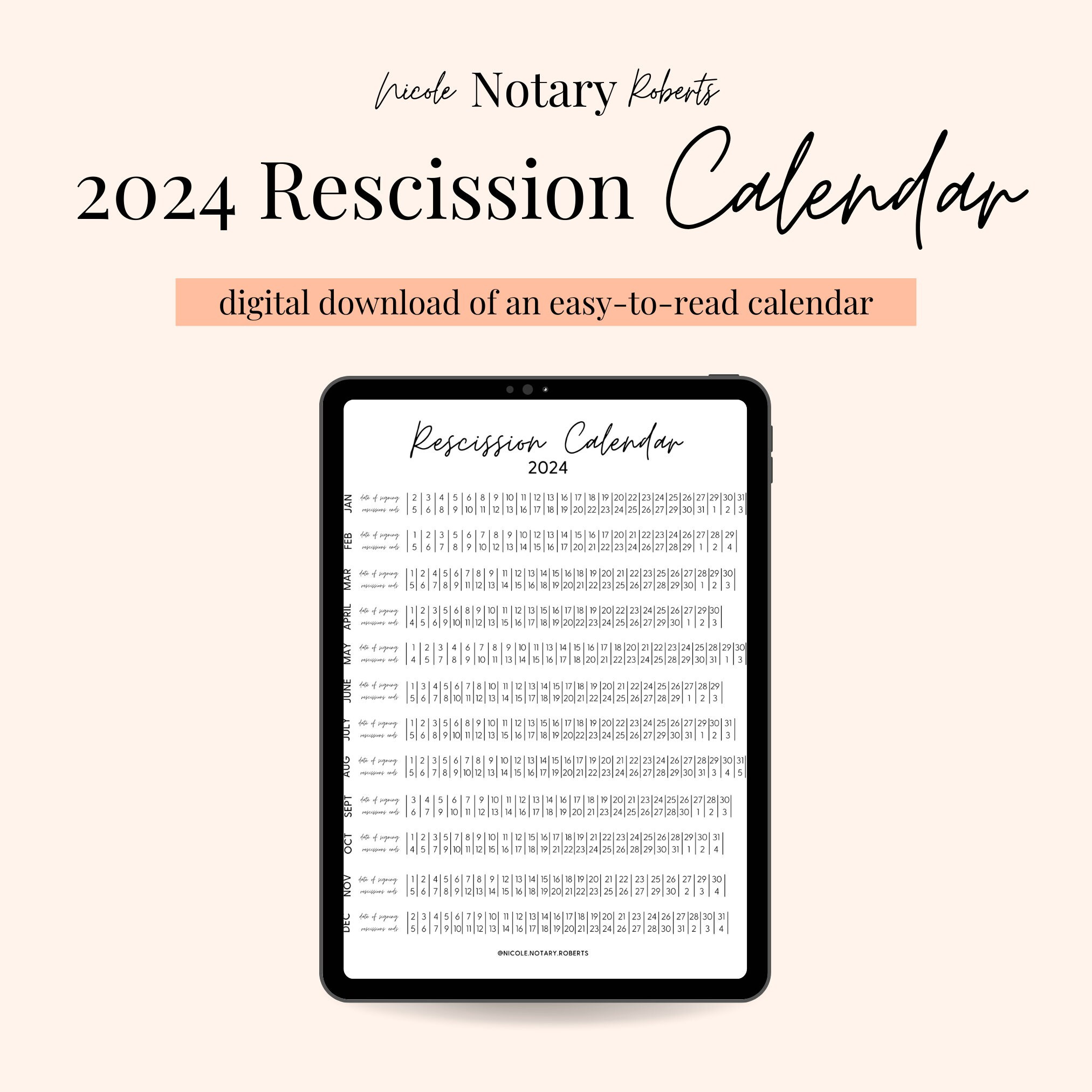 2024 Rescission Calendar For Loan Signings - Etsy in 2025 Rescission Calendar Printable | CalendarCrazePrint.Com