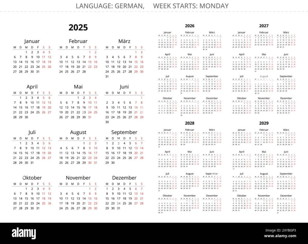 2025, 2026, 2027, 2028, 2029 Year Vertical German Calendars Pertaining To 3 Year Calendar 2025 To 2026 Printable | CalendarCrazePrint.Com