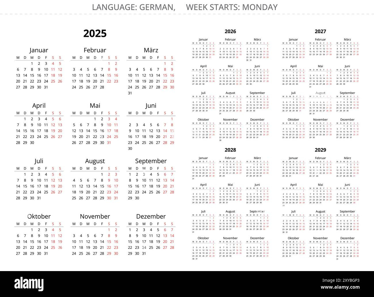 2025, 2026, 2027, 2028, 2029 Year Vertical German Calendars pertaining to 3 Year Calendar 2025 To 2026 Printable | CalendarCrazePrint.Com