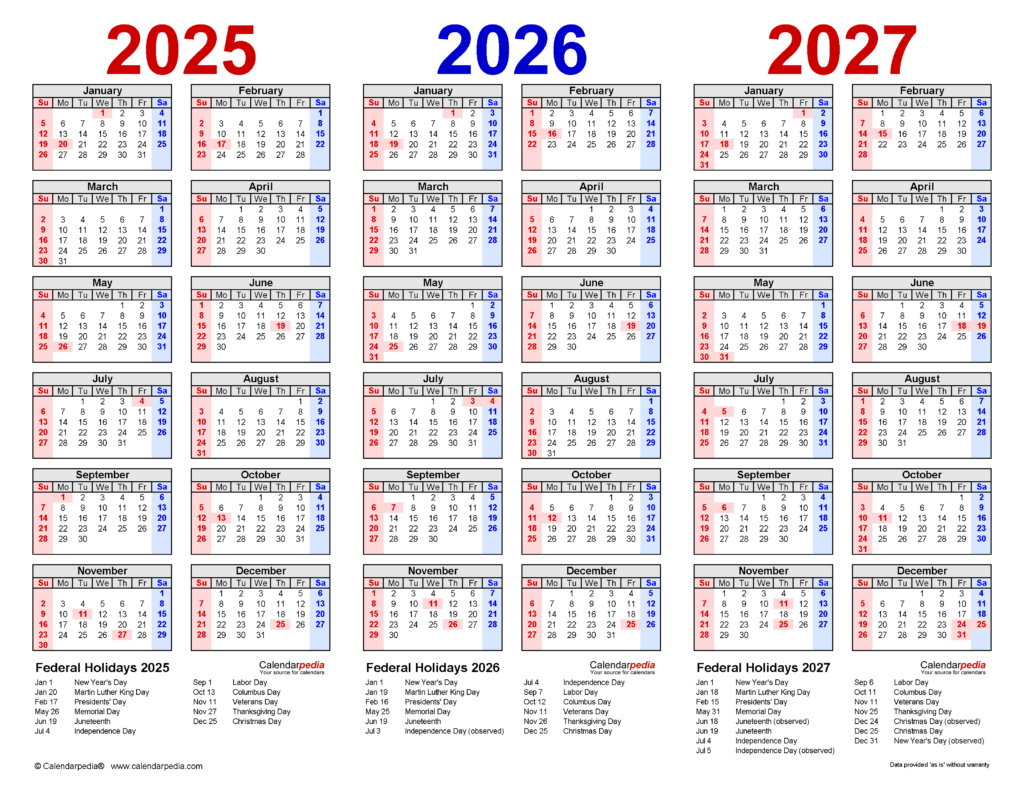 2025 2027 Three Year Calendar   Free Printable Excel Templates Throughout  Calendars 2025 | CalendarCrazePrint.Com