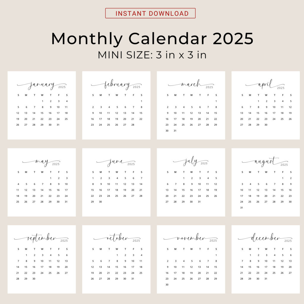 2025 3X3 Mini Calendar 2025 Calendar Card 2025 Pocket Calendar Elegant  Printable Calendar Mini 3X3 Inch Calendar Pdf Sunday & Monday Start Inside  Calendars 2025 | CalendarCrazePrint.Com