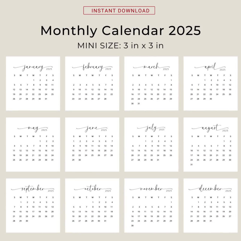 2025 3X3 Mini Calendar 2025 Calendar Card 2025 Pocket Calendar Elegant  Printable Calendar Mini 3X3 Inch Calendar Pdf Sunday & Monday Start With Printable Small Calendar 2025 | CalendarCrazePrint.Com