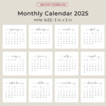 2025 3X3 Mini Calendar 2025 Calendar Card 2025 Pocket Calendar Elegant  Printable Calendar Mini 3X3 Inch Calendar Pdf Sunday & Monday Start With Printable Small Calendar 2025 | CalendarCrazePrint.Com