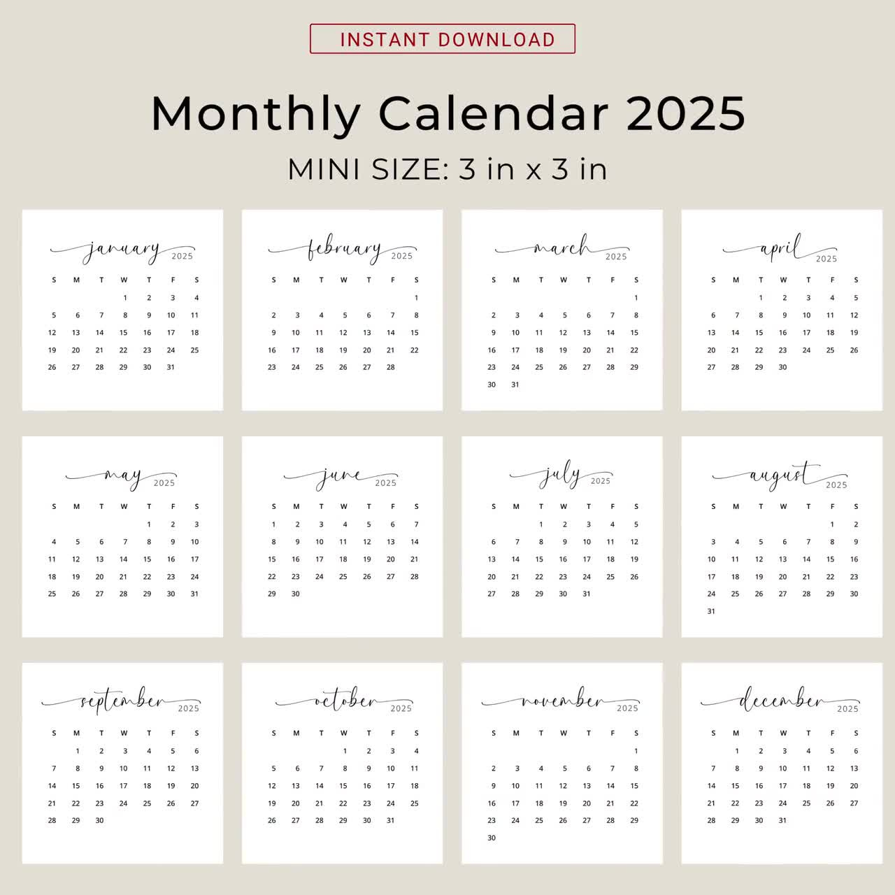 2025 3X3 Mini Calendar 2025 Calendar Card 2025 Pocket Calendar Elegant Printable Calendar Mini 3X3 Inch Calendar Pdf Sunday &amp;amp; Monday Start with Printable Small Calendar 2025 | CalendarCrazePrint.Com