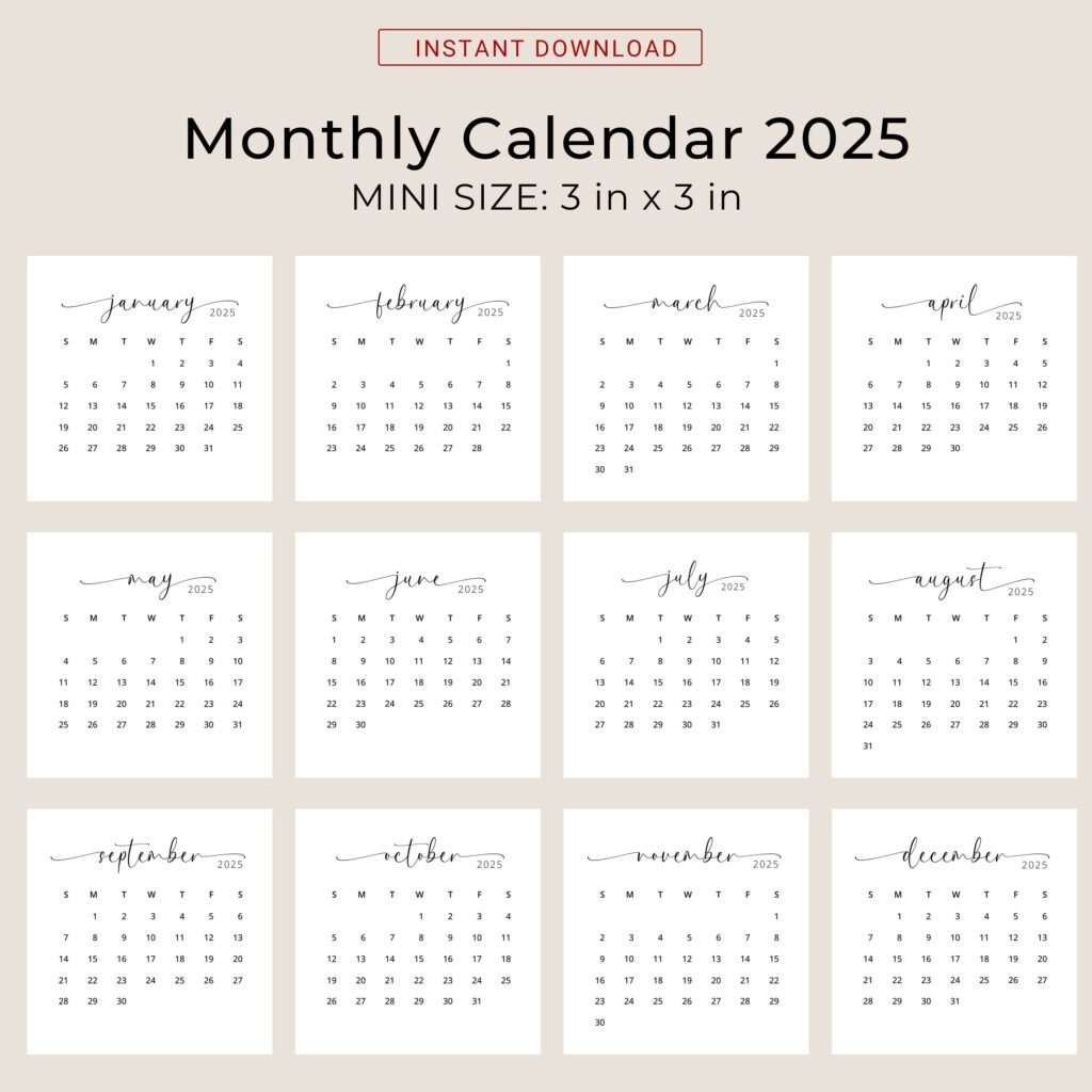 2025 3X3 Minikalender 2025 Kalenderkarte 2025 Taschenkalender Intended For  Calendars 2025 | CalendarCrazePrint.Com