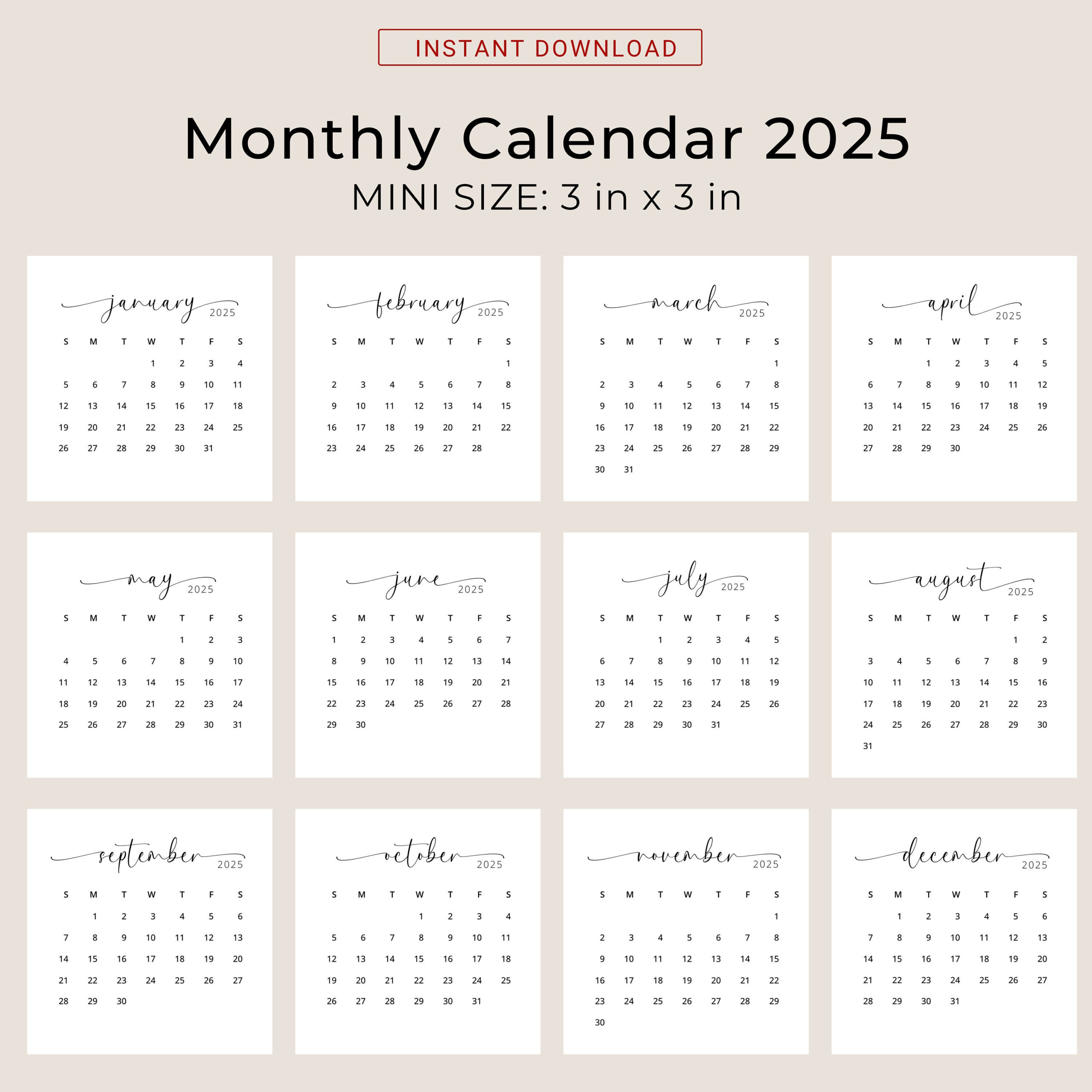 2025 3X3 Minikalender 2025 Kalenderkarte 2025 Taschenkalender intended for Calendars 2025 | CalendarCrazePrint.Com