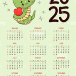 2025 Annual Calendar. Cute Snake Girl With Heart. Funny Kawaii For Funny Printable Calendar 2025  | CalendarCrazePrint.Com