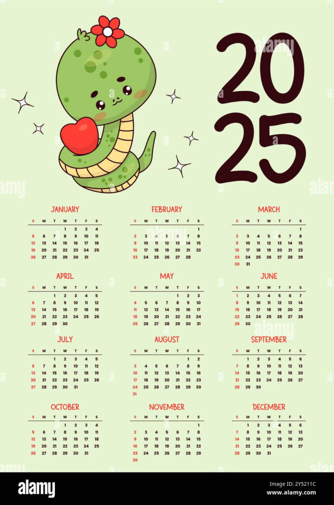 2025 Annual Calendar. Cute Snake Girl With Heart. Funny Kawaii For Funny Printable Calendar 2025  | CalendarCrazePrint.Com