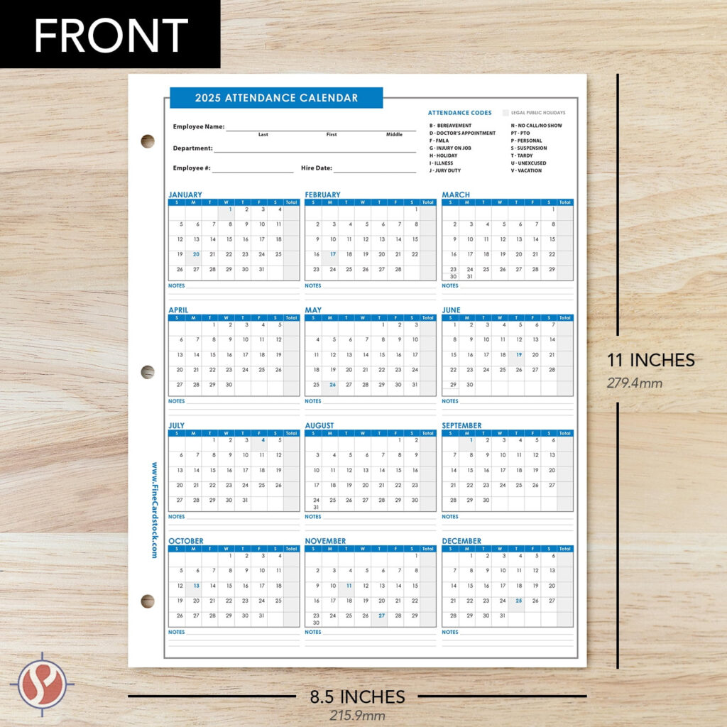 2025 Attendance Calendar Card Stock Paper, Employee Work Tracker Within  Calendars 2025 | CalendarCrazePrint.Com