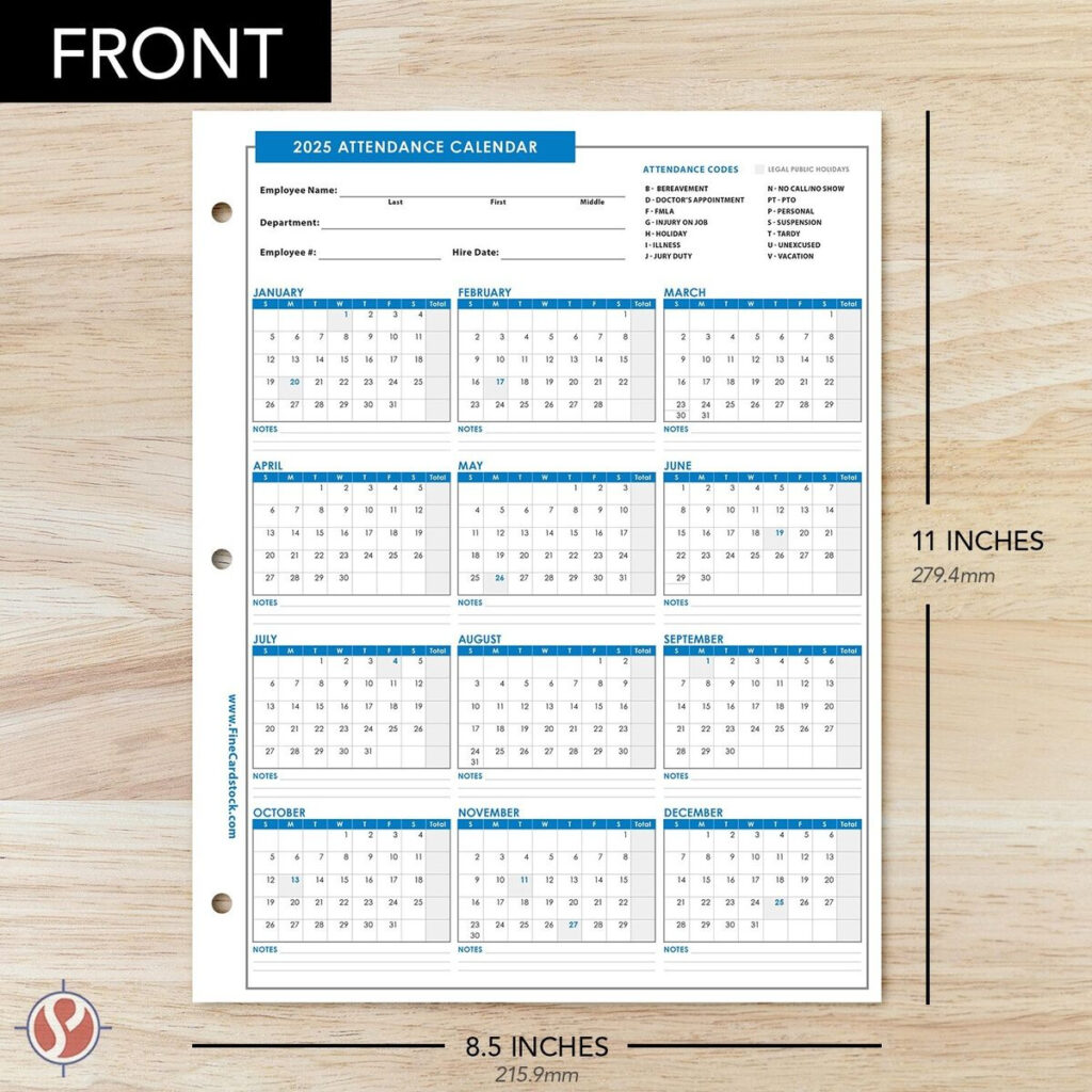 2025 Attendance Calendar Cardstock, Employee Work Tracker, 8.5 X In  Calendars 2025 | CalendarCrazePrint.Com