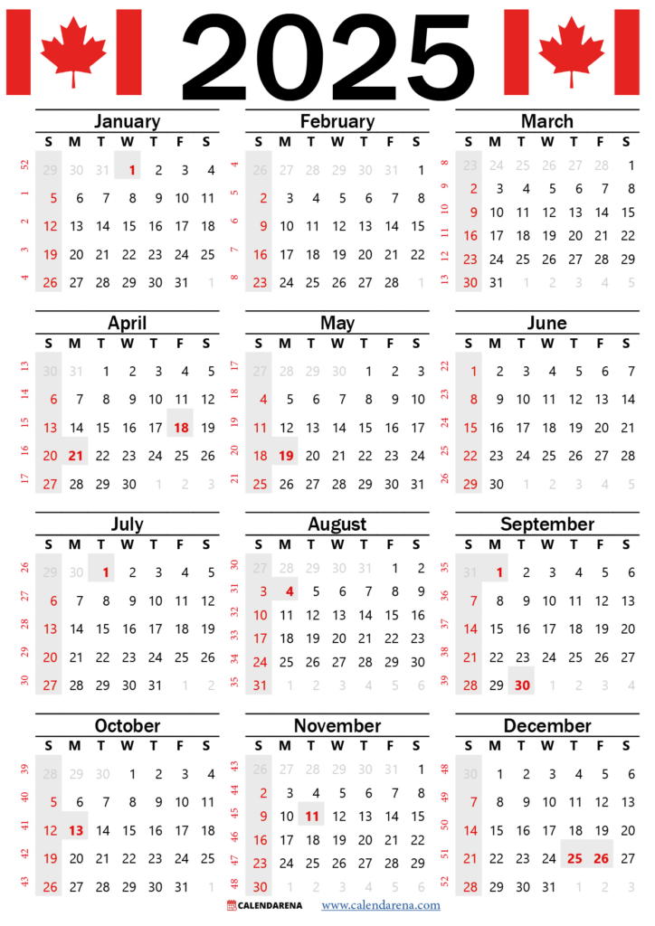 2025 Calendar Canada Printable Free With  Calendars 2025 | CalendarCrazePrint.Com