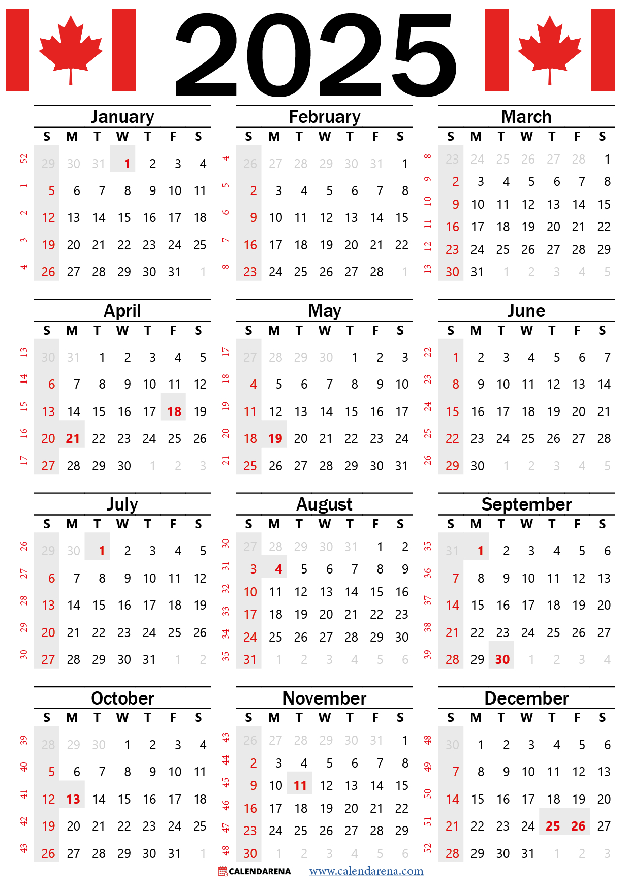 2025 Calendar Canada Printable Free with Calendars 2025 | CalendarCrazePrint.Com