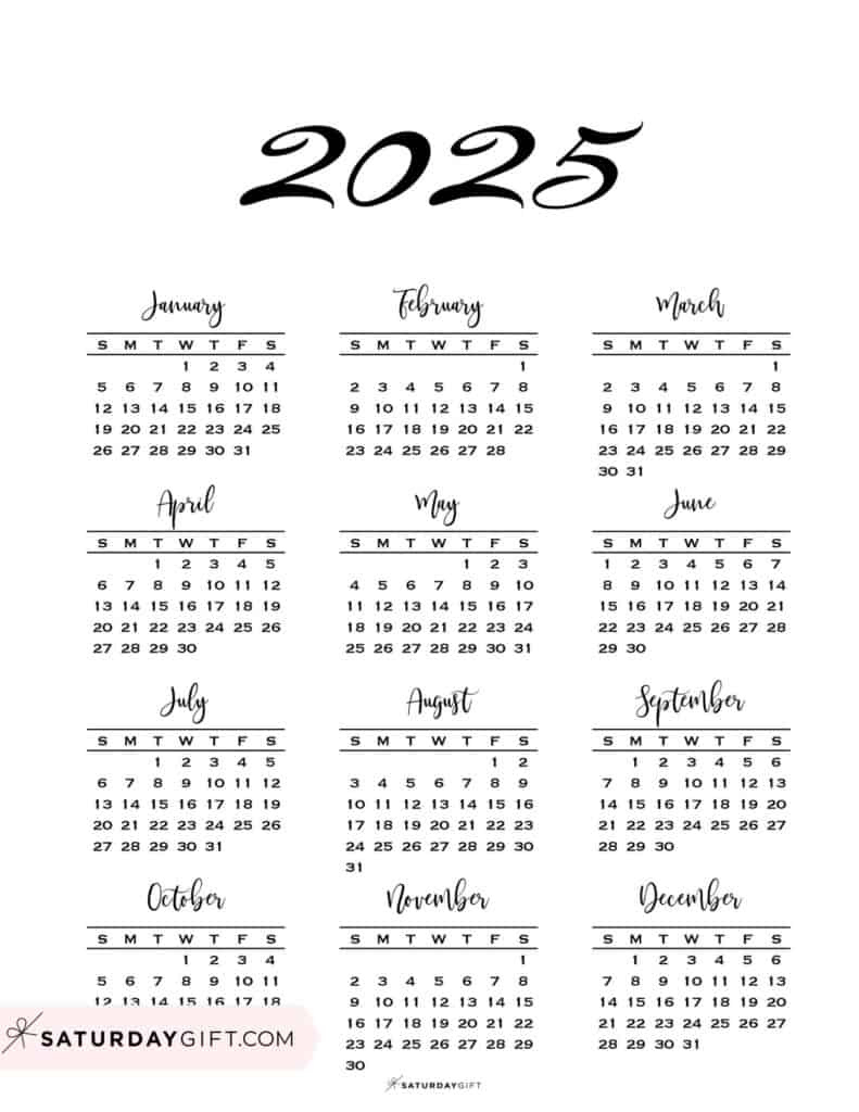 2025 Calendar Printable - 18 Cute &amp;amp; Free 2025 Yearly Calendar for 2025 Calendar One Page Printable Free | CalendarCrazePrint.Com