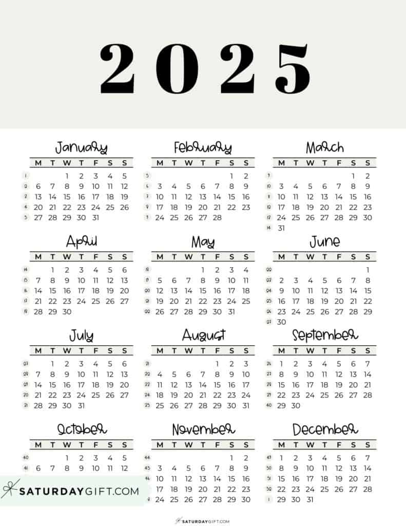 2025 Calendar Printable - 18 Cute &amp;amp; Free 2025 Yearly Calendar for 2025 Calendar Starting Monday Printable | CalendarCrazePrint.Com