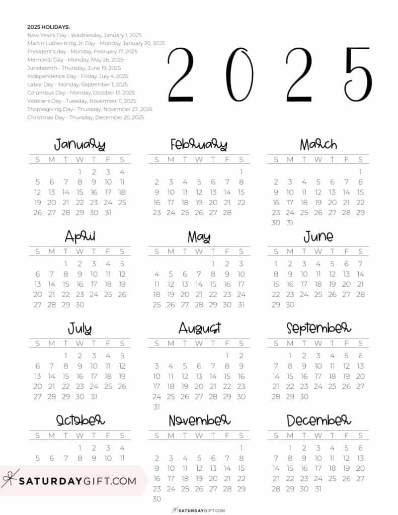 2025 Calendar Printable - 18 Cute &amp;amp; Free 2025 Yearly Calendar for Free Printable 2025 Calendar No Download | CalendarCrazePrint.Com