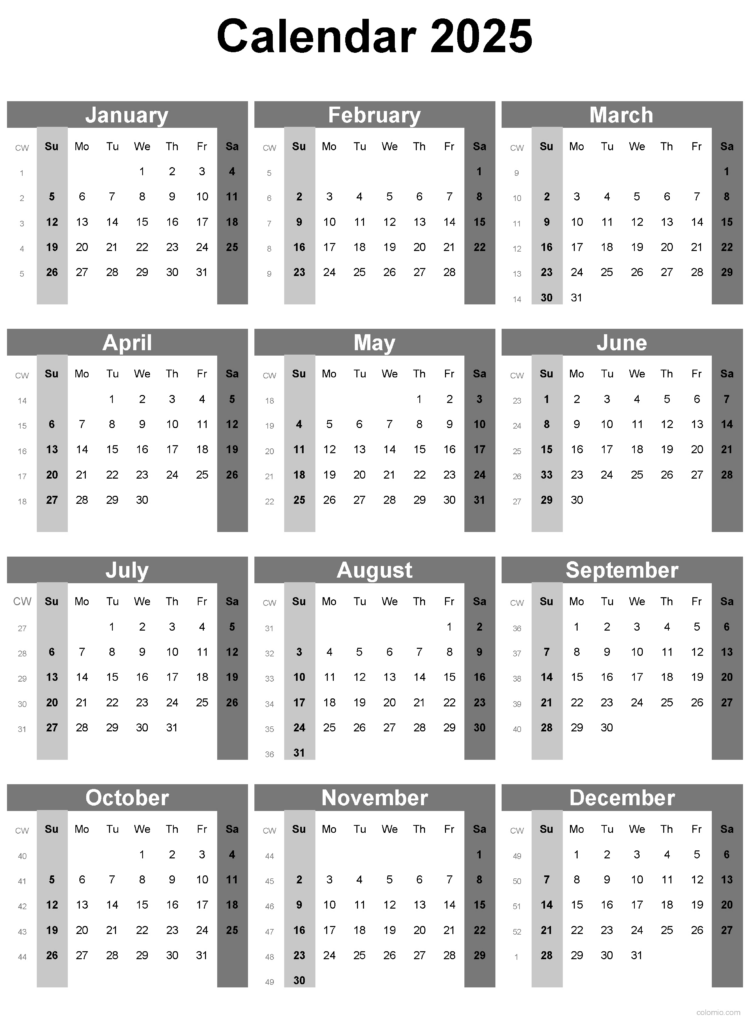 2025 Calendar Printable, ✓ Pdf, Excel And Image File   Free In 2025 Calendar With Weeks Printable Free  | CalendarCrazePrint.Com